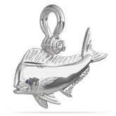Sterling Silver Mahi Mahi Pendant High Polished Mirror Finish With Blue Sapphire Eye with A Mariner Shackle Bail Custom Designed By Nautical Treasure Jewelry In The Florida Keys